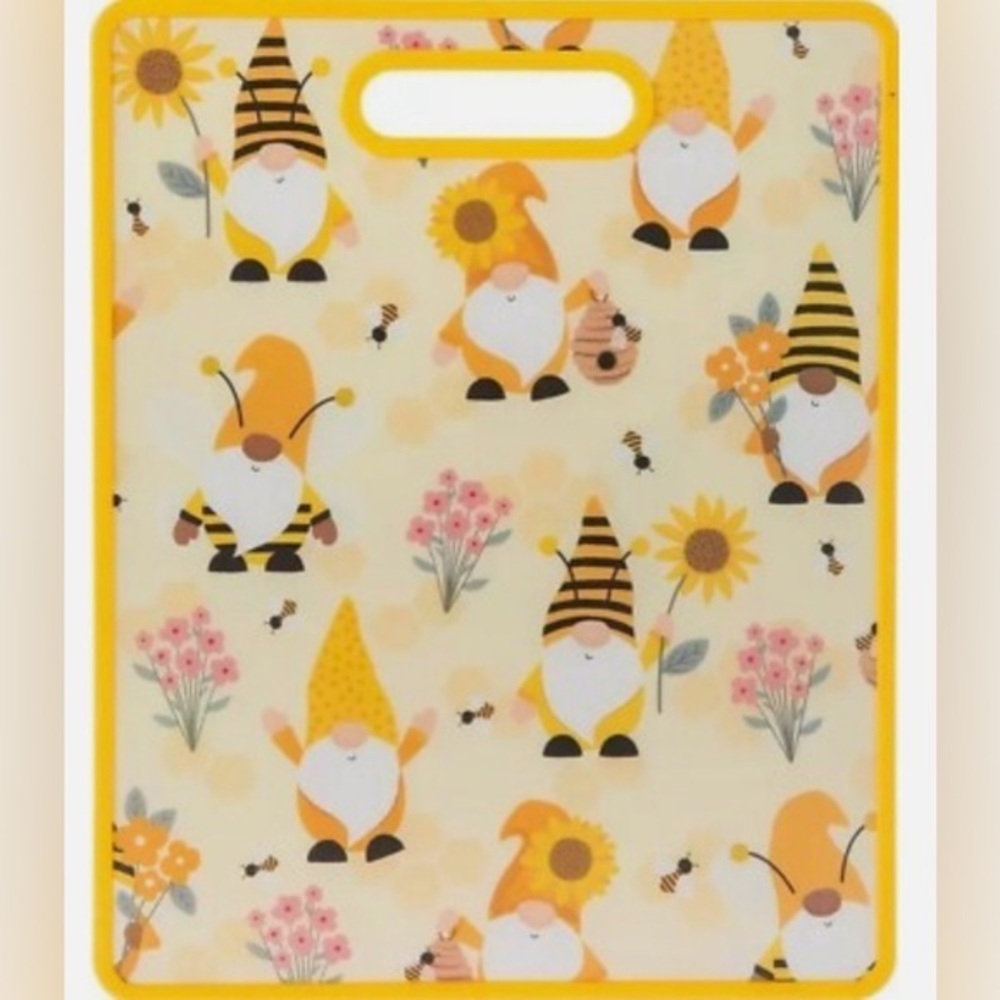 New Market Square Gnomes, bees, flowers cutting board with handle